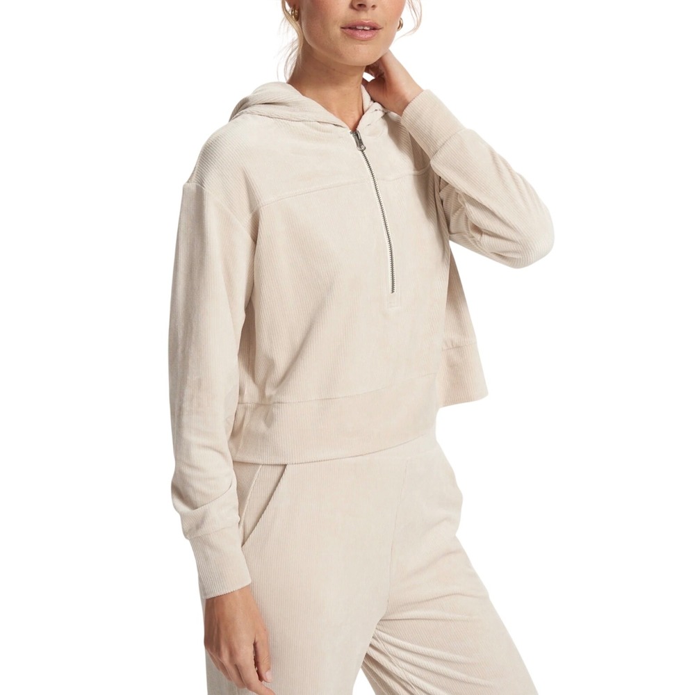 Women's Vuori Haven Half Zip Hoodie XL Ribbed Velour Boxy Cropped Cream Suede